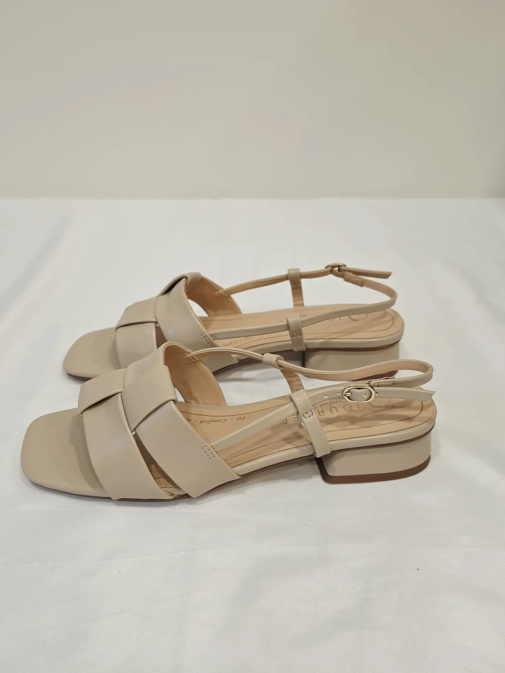 Journee Collection Tabatha Nude Woven T-Strap Low Block Heel Sandals US Size 7.5